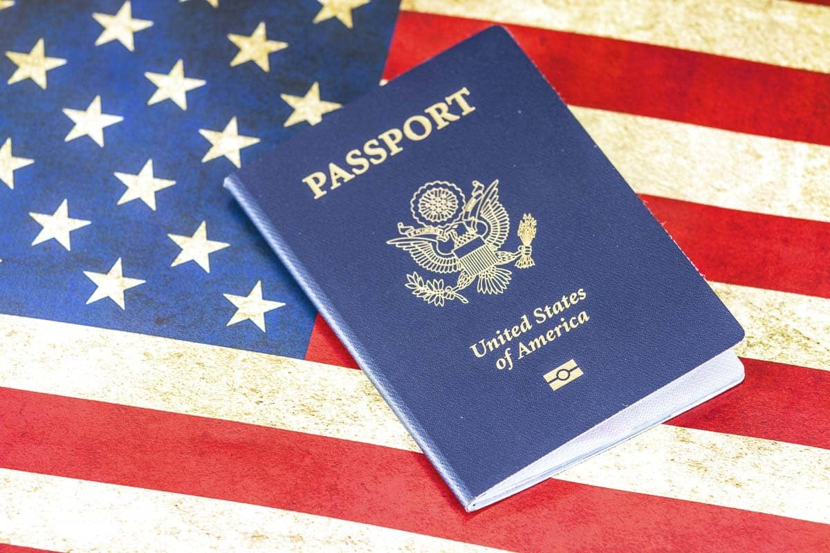 US passport on flag.