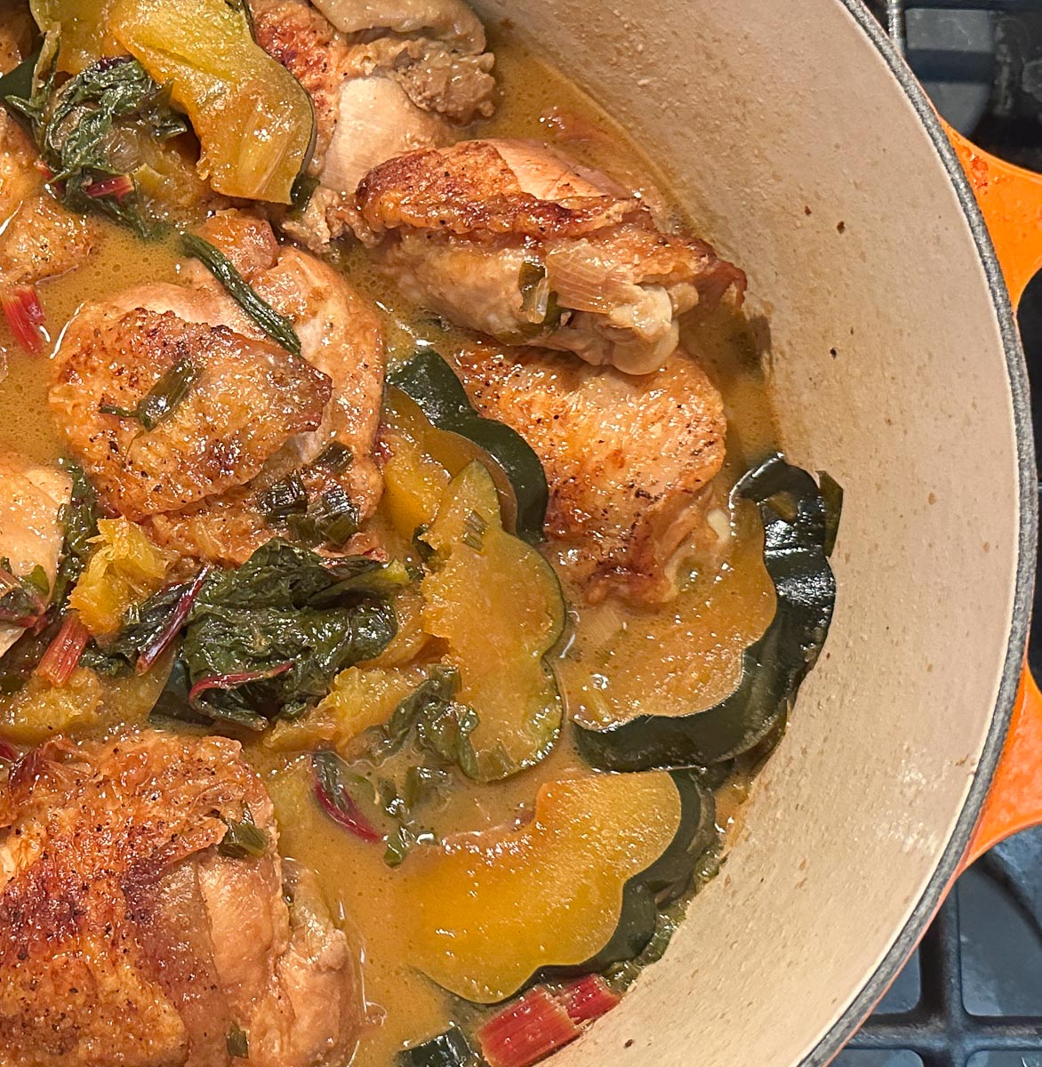 portion of One-Pot Low FODMAP Braised Chicken with Swiss Chard and Acorn Squash in pot on stove.