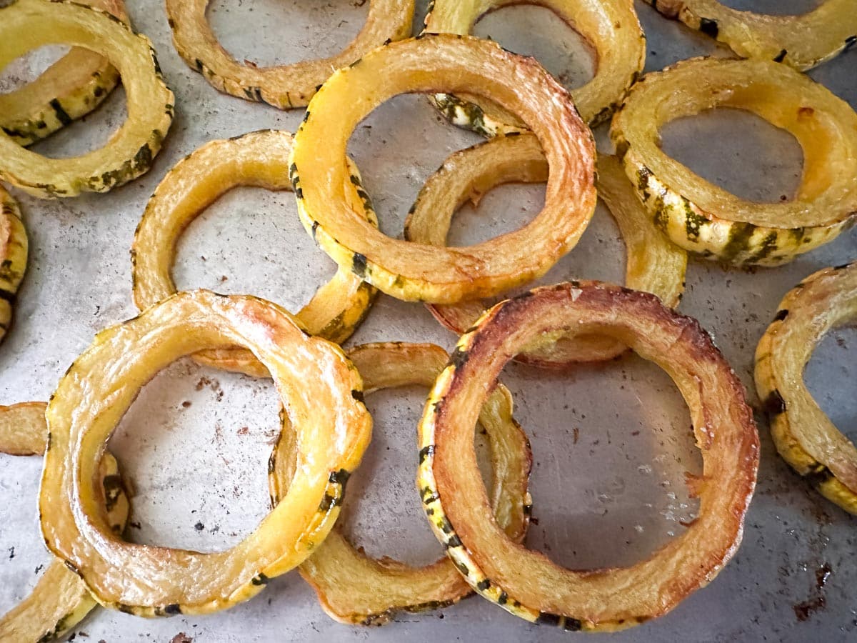 roasted Delicata squash rounds on sheet pan
