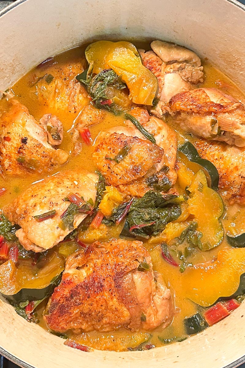 vertical One-Pot Low FODMAP Braised Chicken with Swiss Chard and Acorn Squash in pot on stove.
