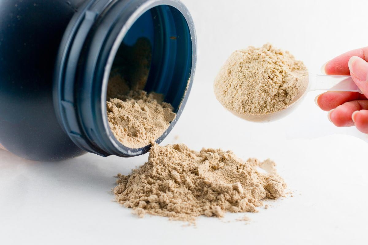 protein powder being scooped out of jar.