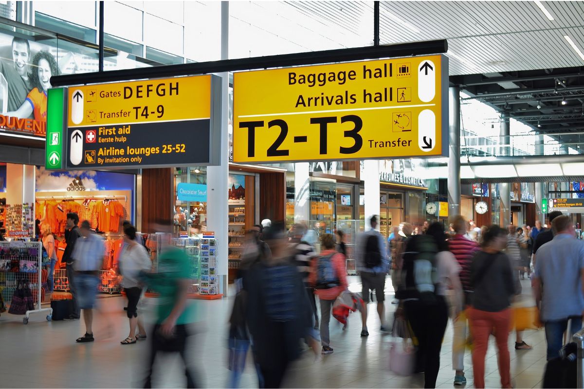 Busy airport terminal. 
