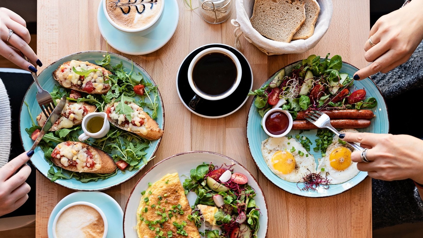 Eating breakfast.