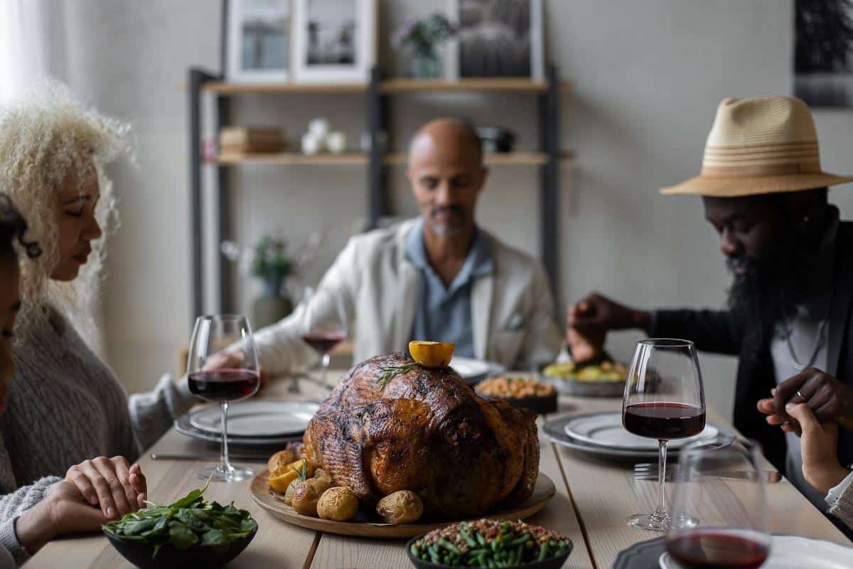 Holiday table with turkey.
