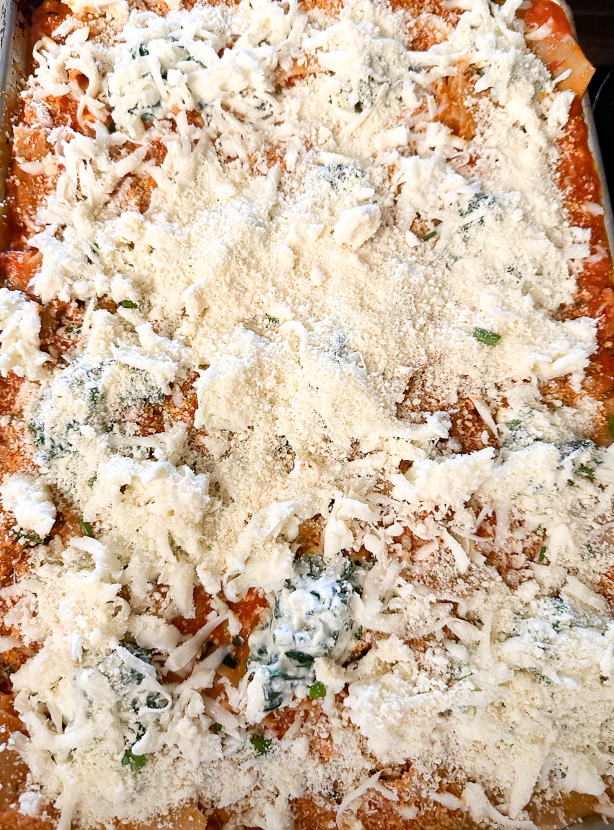 Parmesan on top of sheet pan lasagna.