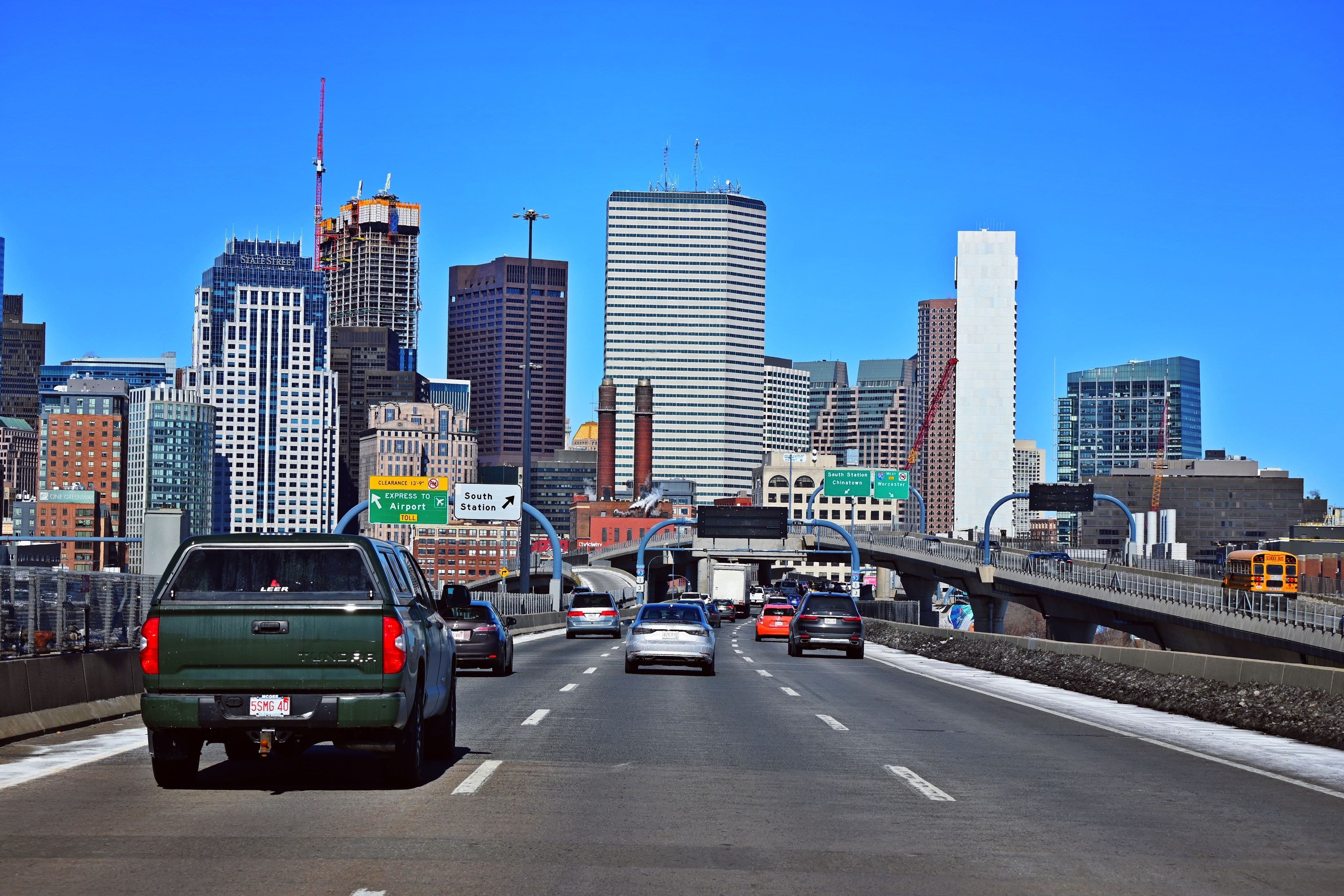 BOSTON, UNITED STATES - Feb 28, 2022: A on highway 93, cars are heading to Boston, Massachusetts.