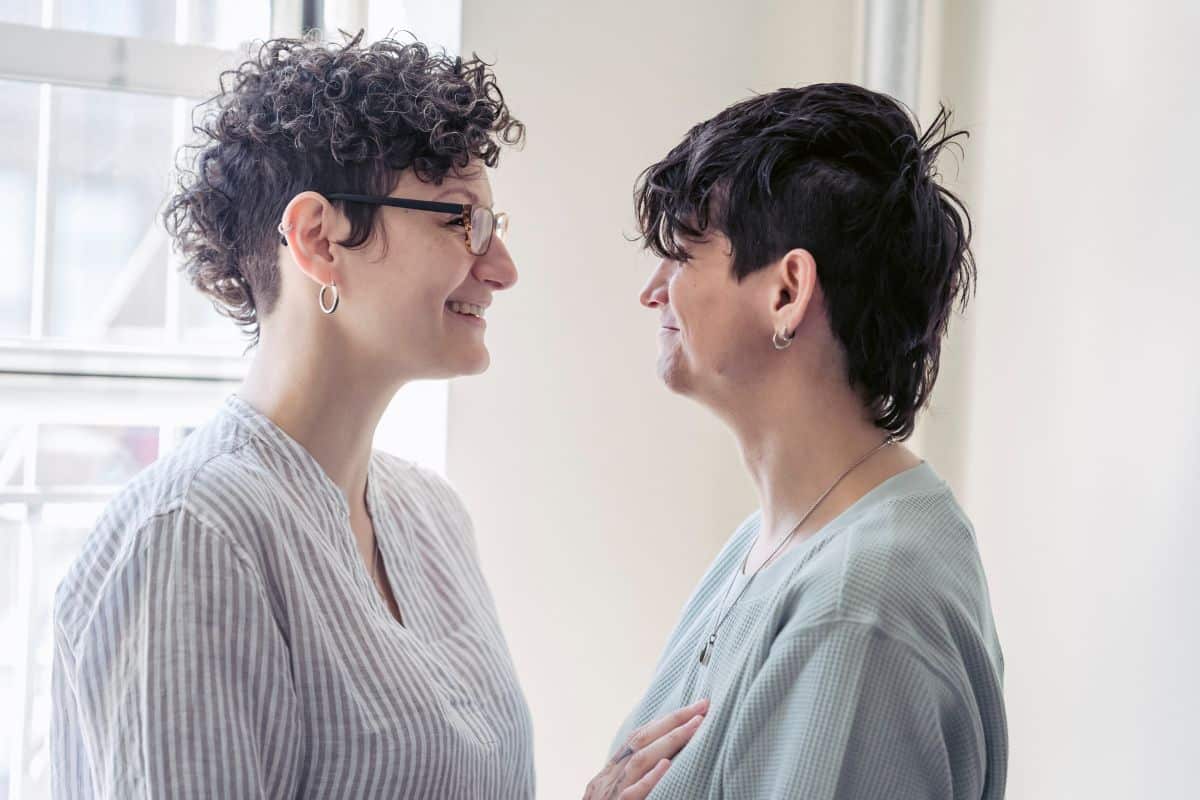 Two women talking. 