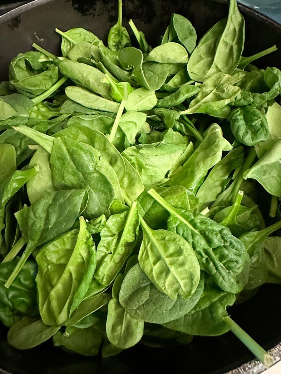 baby spinach in pan.