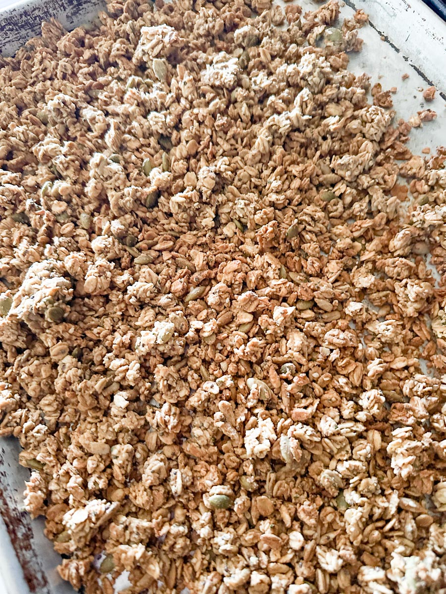 low FODMAP Nut-Free Granola spread on pan, baked.