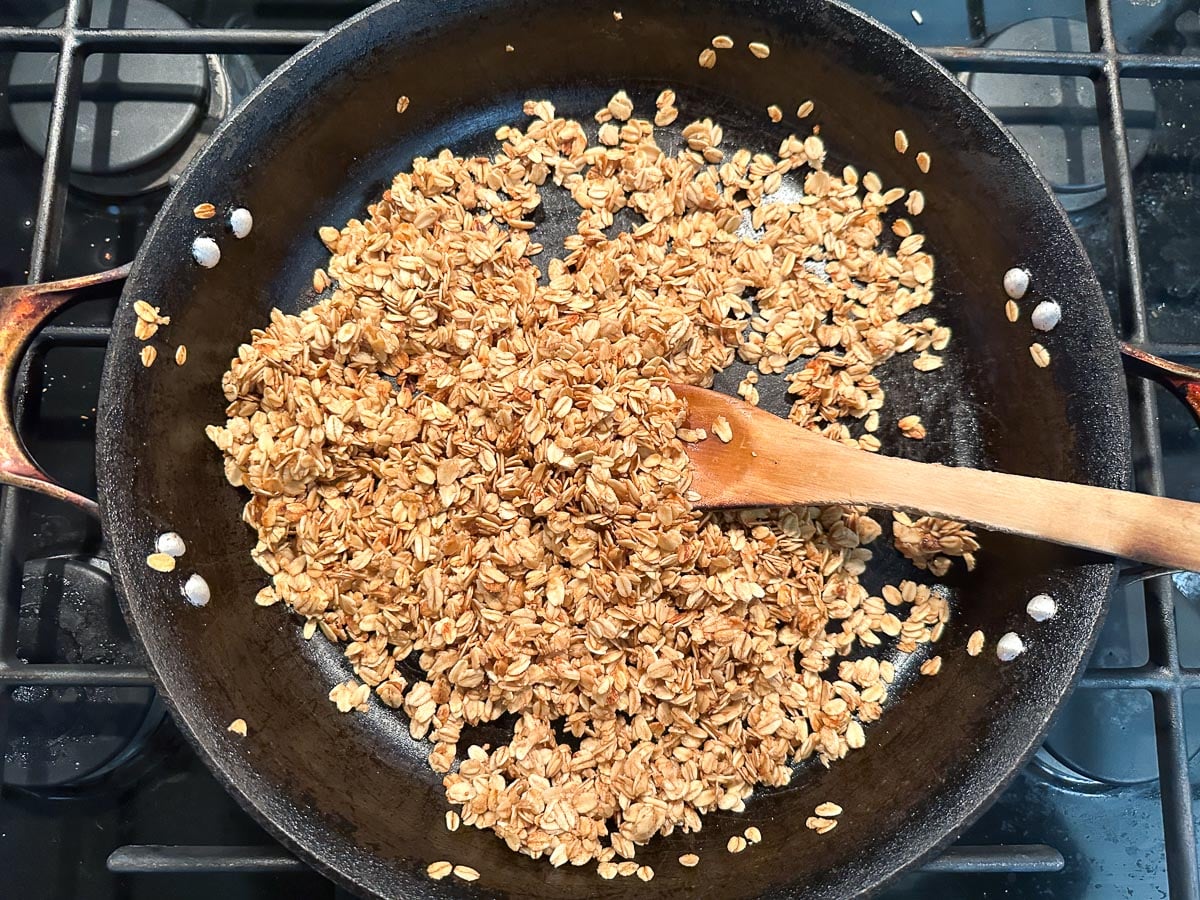 toasted granola in skillet.