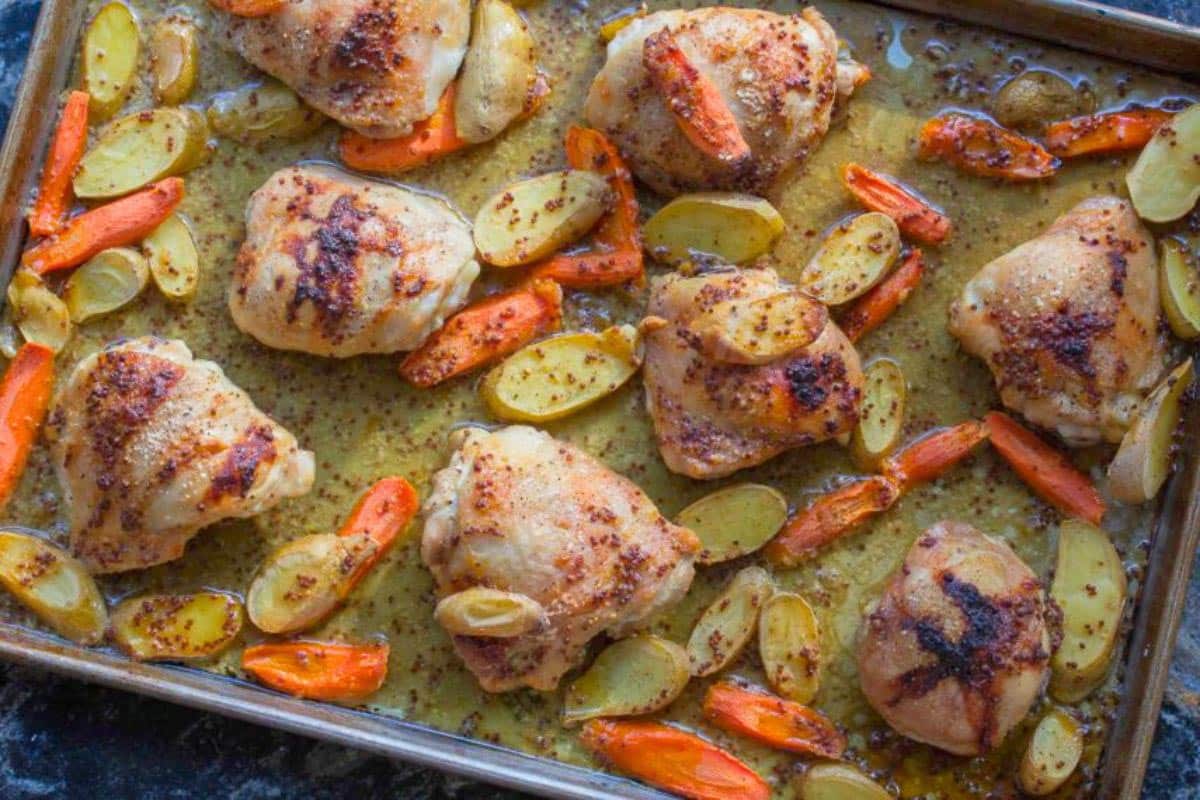 Low FODMAP One Pan Chicken and Vegetables on sheet pan.
