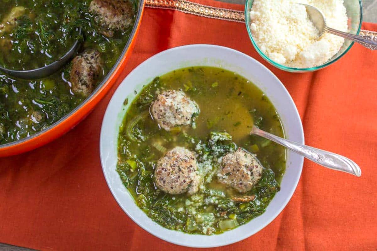 quinoa-turkey-meatball-soup-with-mustard-greens.