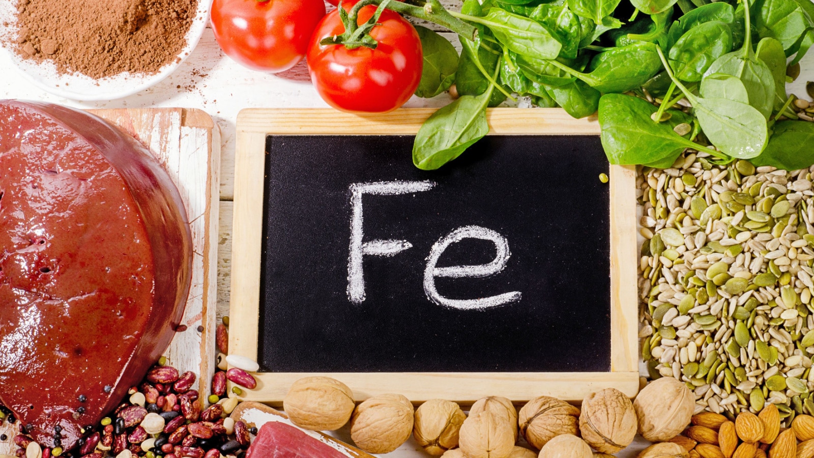 Foods rich in iron. FE symbol.