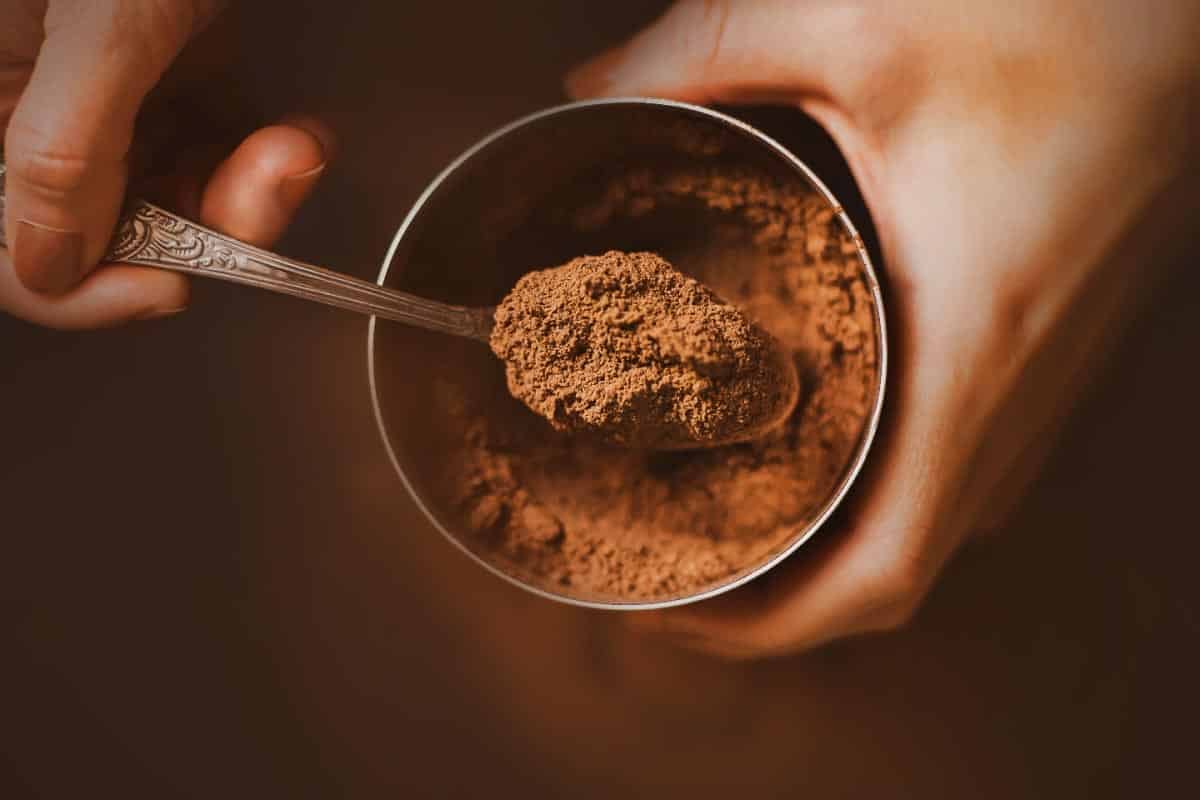 woman's hand scooping cocoa out of a container with a spoon.