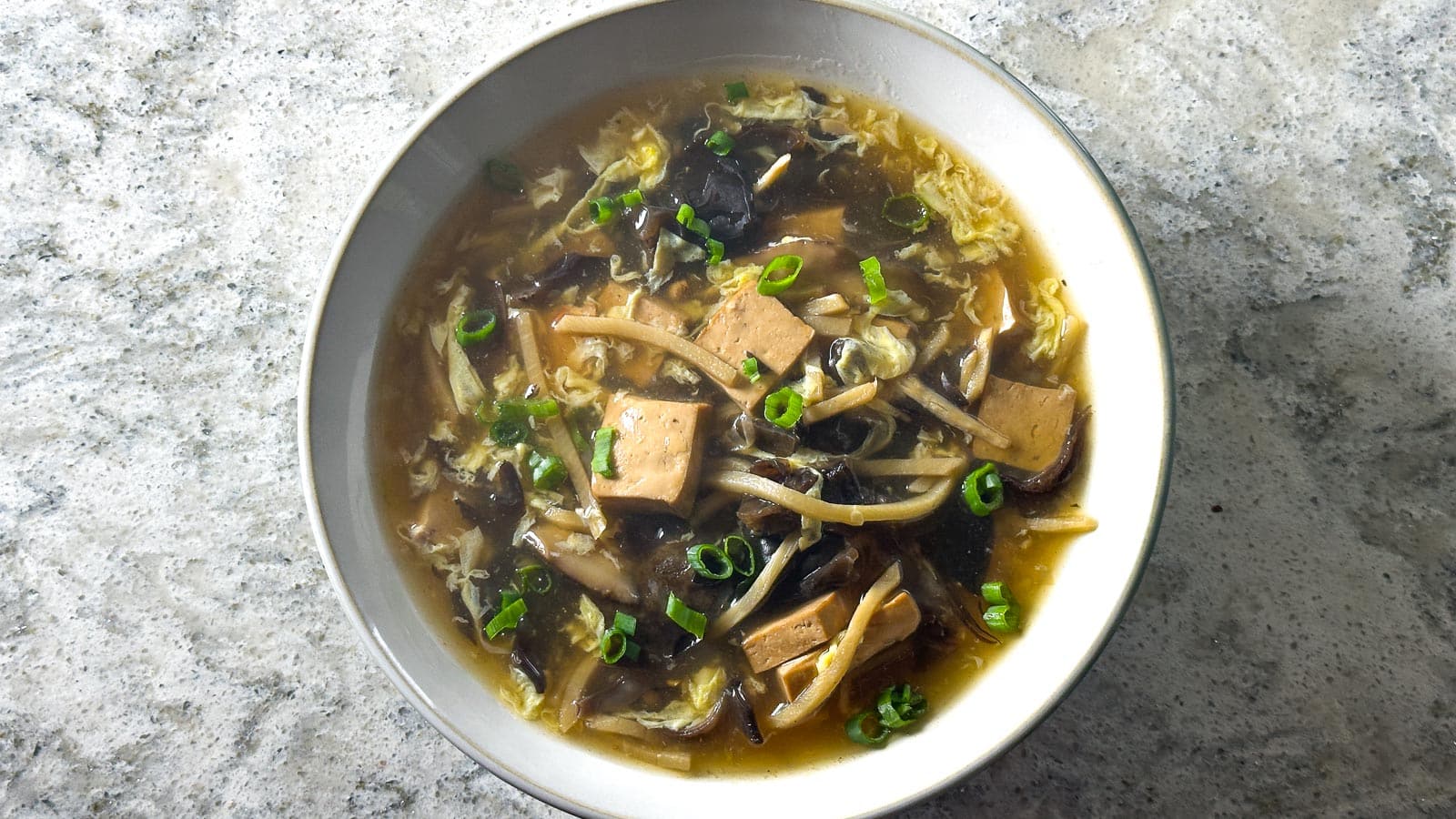 Overhead image of Low FODMAP Vegetarian Hot and Sour Soup in white bowl with scallions