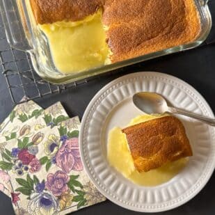Low FODMAP Lemon Pudding Cake in pan and on plate.