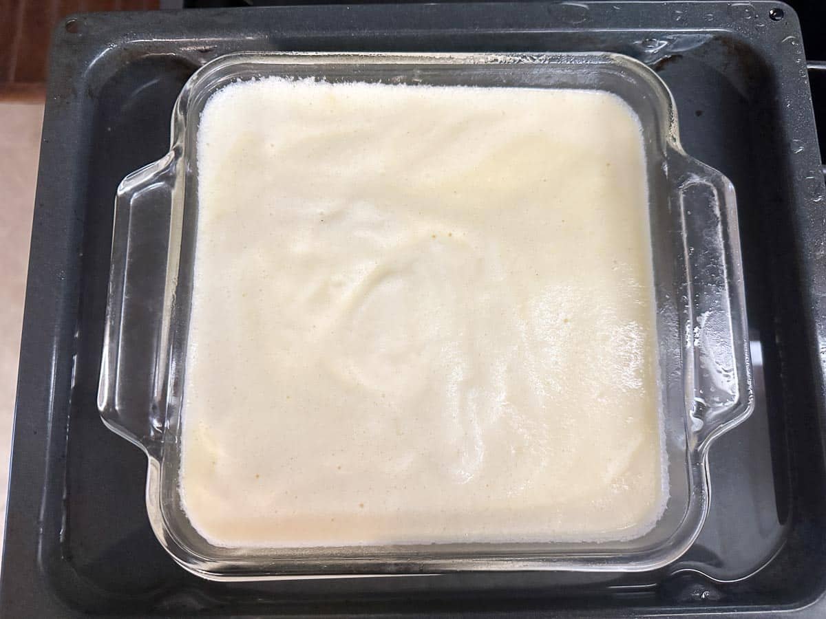 lemon pudding cake in roasting pan.