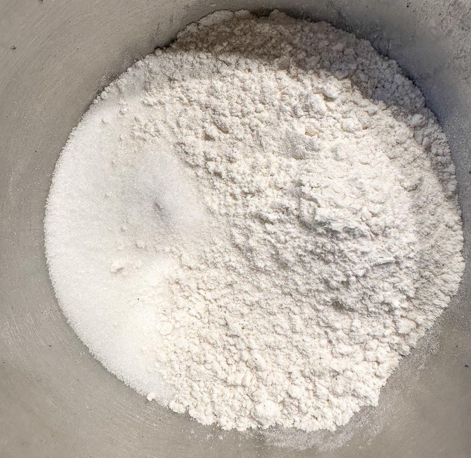 sugar flour and salt in bowl.