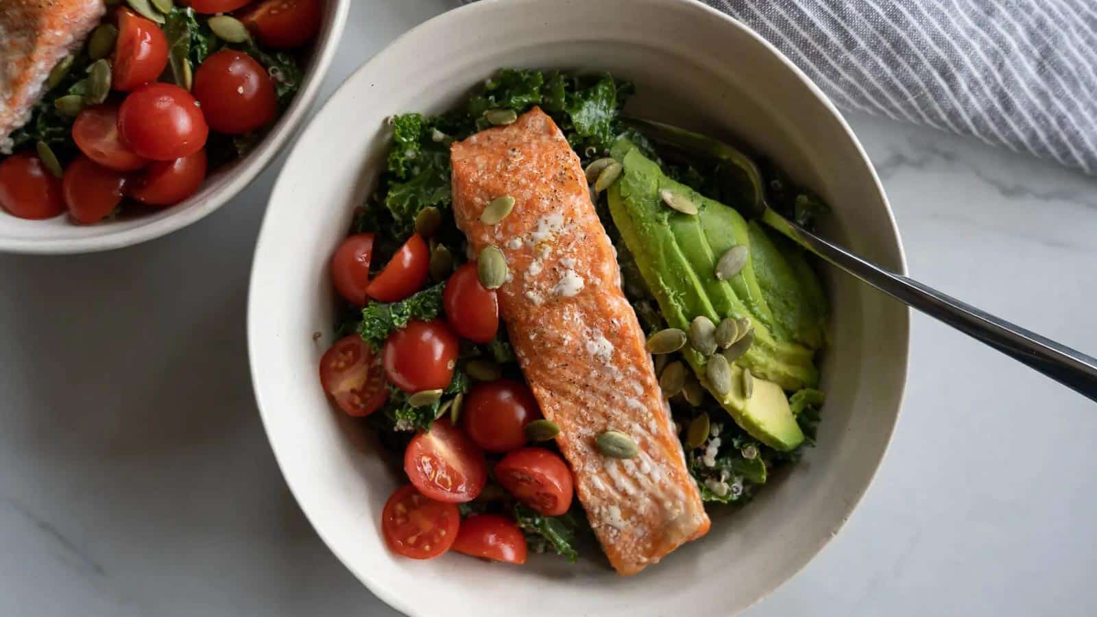 Salmon Caesar with kale and quinoa.