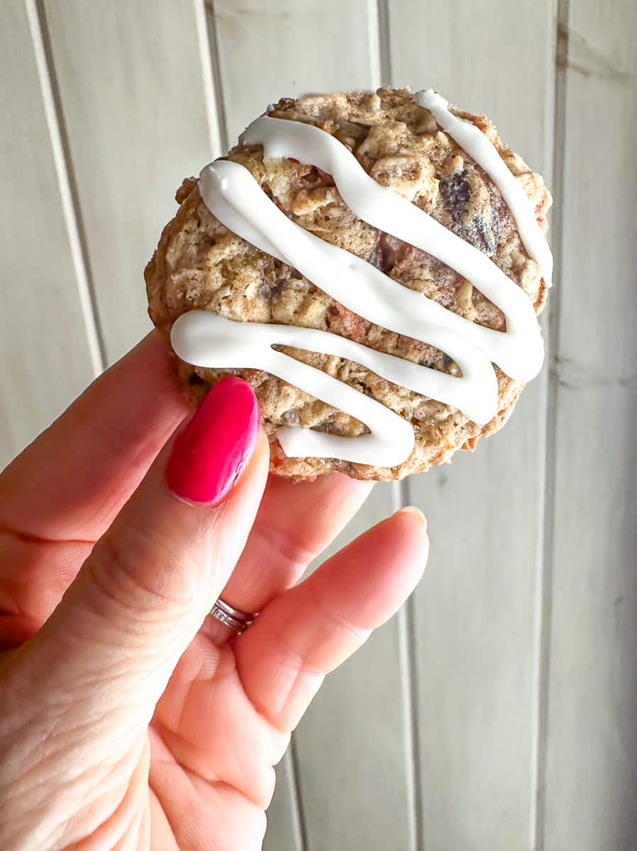 Carrot Cake Oatmeal Cookie held in hand.