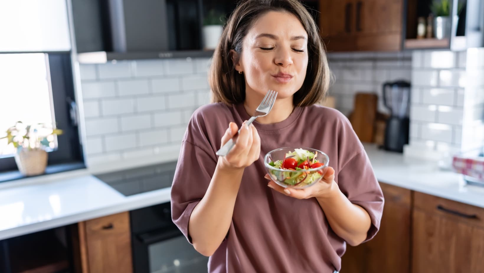 happy eating salad. healthy.