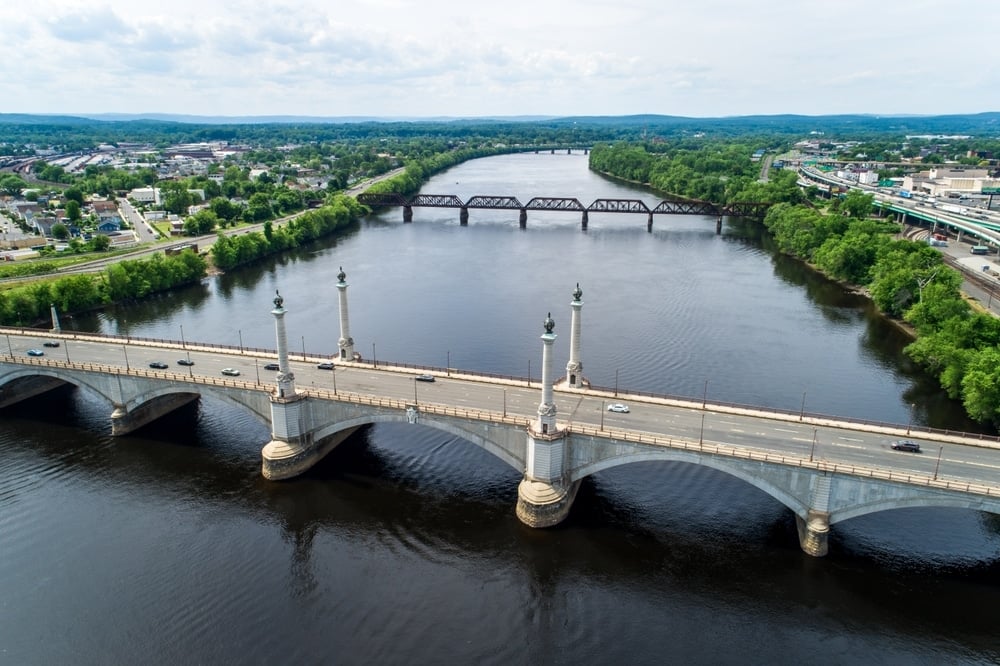 Springfield,,Massachusetts,Buildings,Bridge,And,Water,From,Above