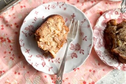 Low FODMAP Buttermilk Apple Nut Bundt Cake on plate with fork.