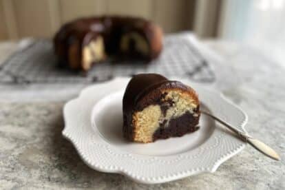 Low FODMAP Marble Bundt Cake slice on plate.