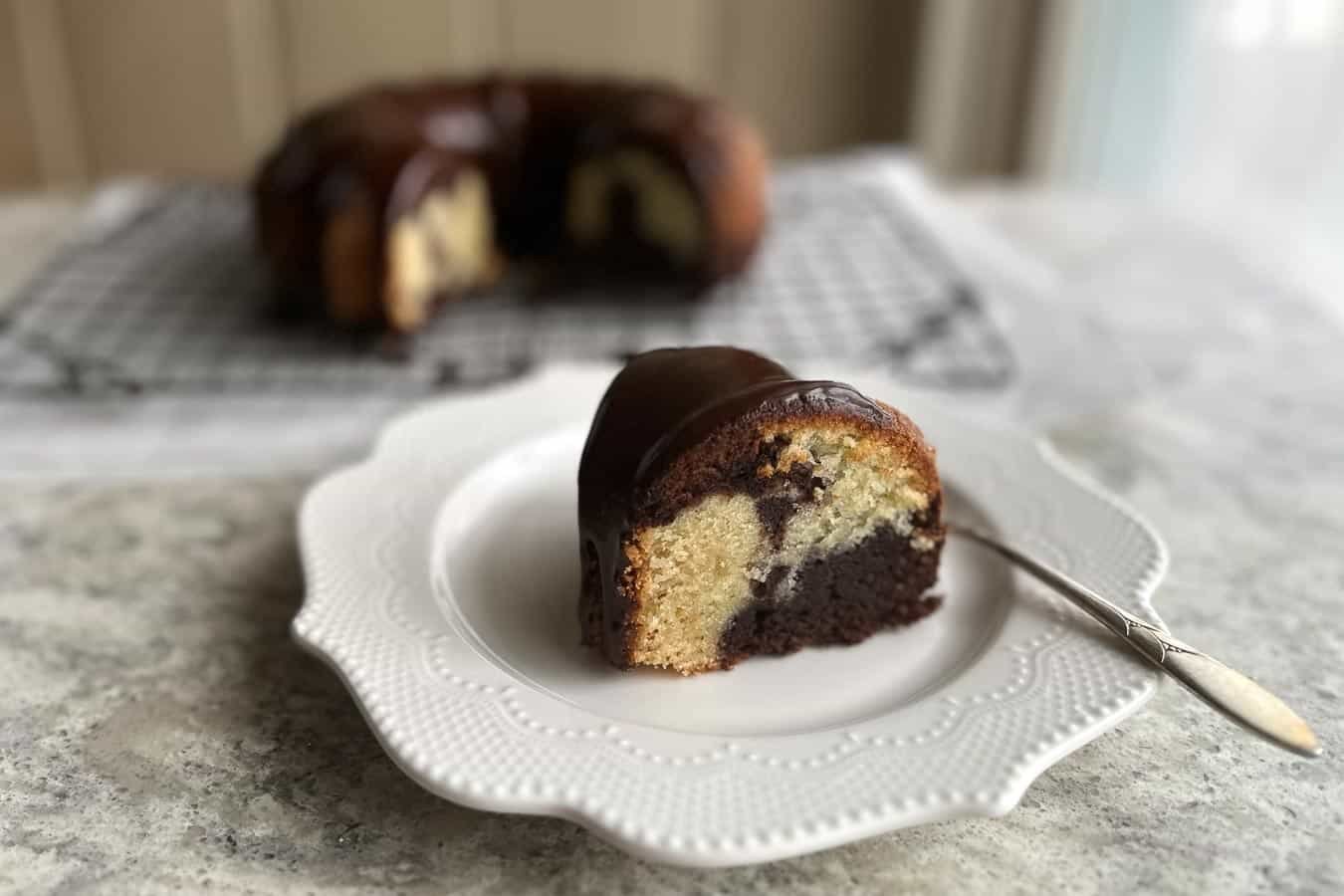 Low FODMAP Marble Bundt Cake slice on plate.