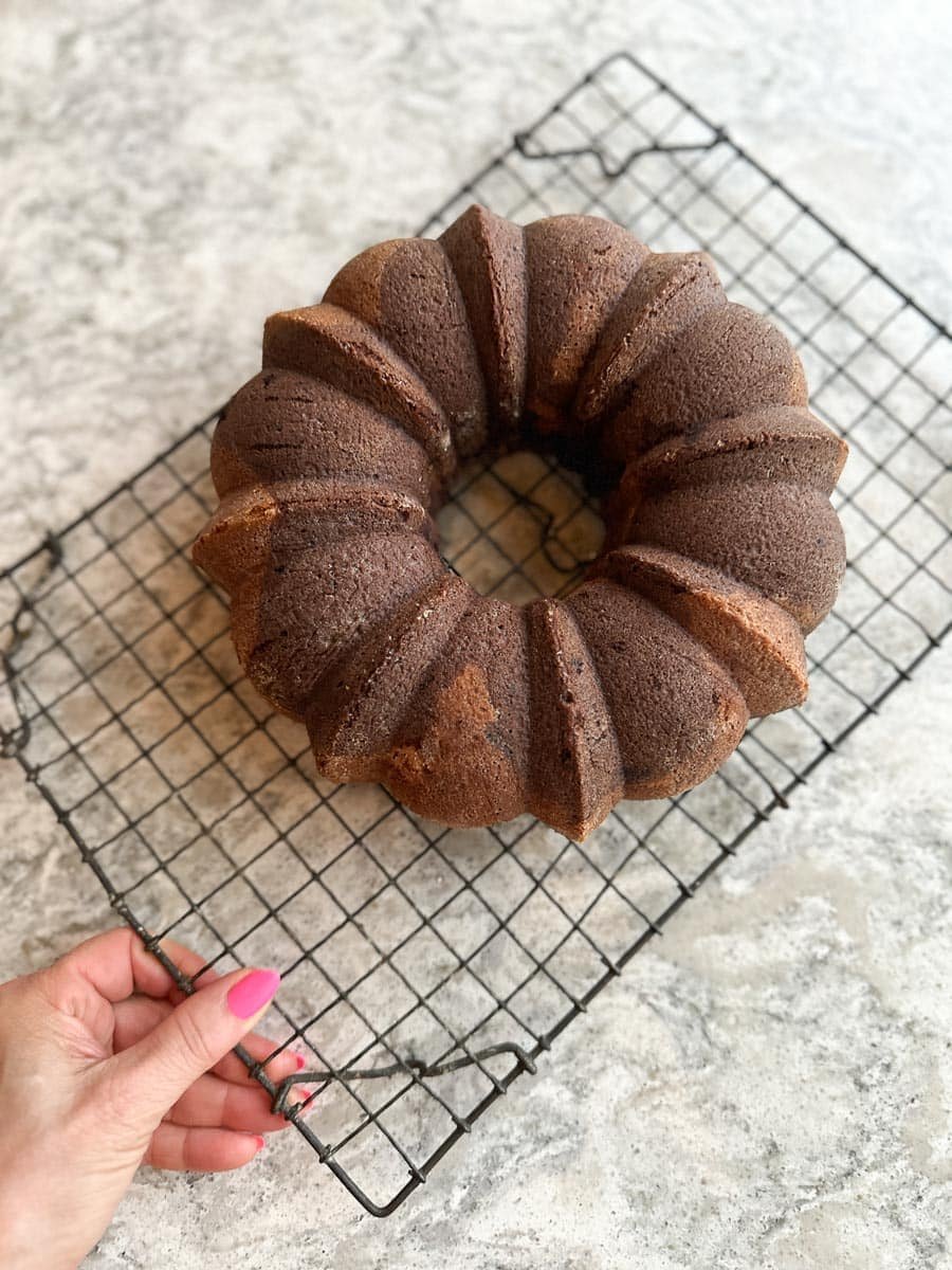 Marble cake on cooling rack.