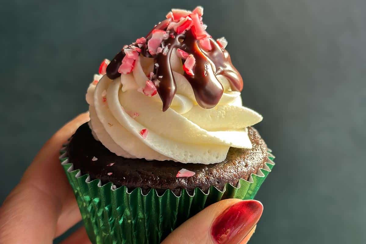 very close up low FODMAP Chocolate peppermint cupcakes held in hand.