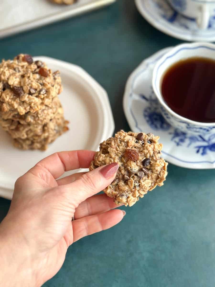 Low FODMAP High Protein Peanut Butter Banana Cookies held in hand.