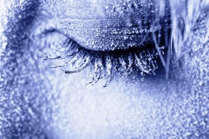Frozen,Woman's,Eye,Covered,In,Frost.,Close-up,Shot,Toned,In