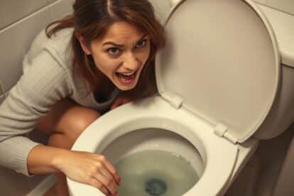 woman looking into toilet in horror