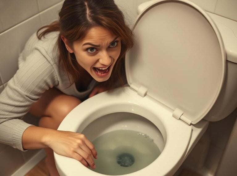 woman looking into toilet in horror