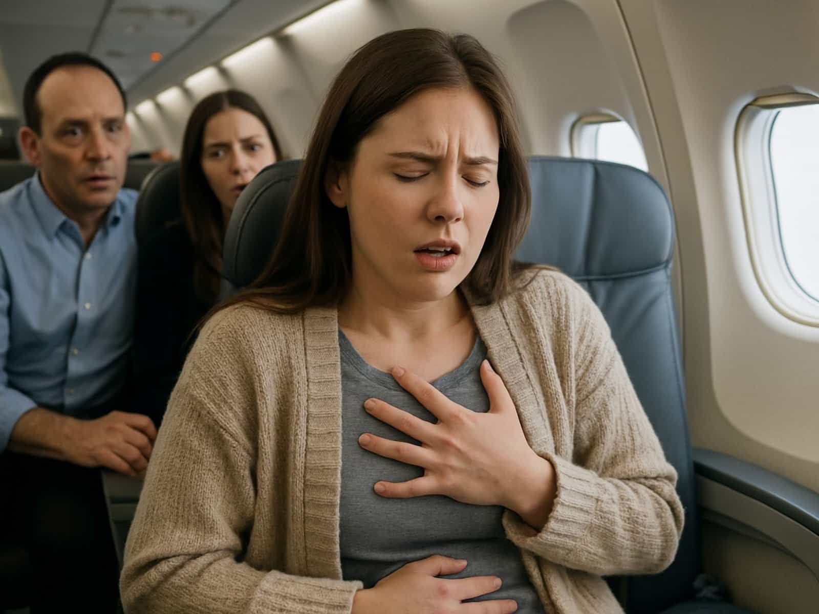 woman having a medical emergency aboard an airplane