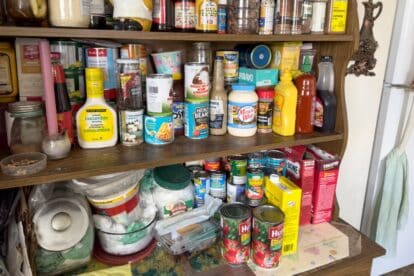 Vancouver, British Columbia, Canada - 05-08-2023: A view of a home pantry filled with an assortment of food products.