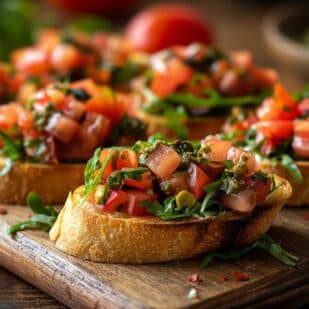 Fresh Bruschetta with Tomato and Basil on Wooden Board