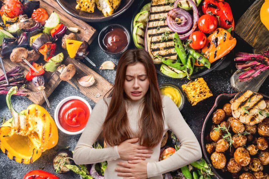 Food background woman stomach ache
