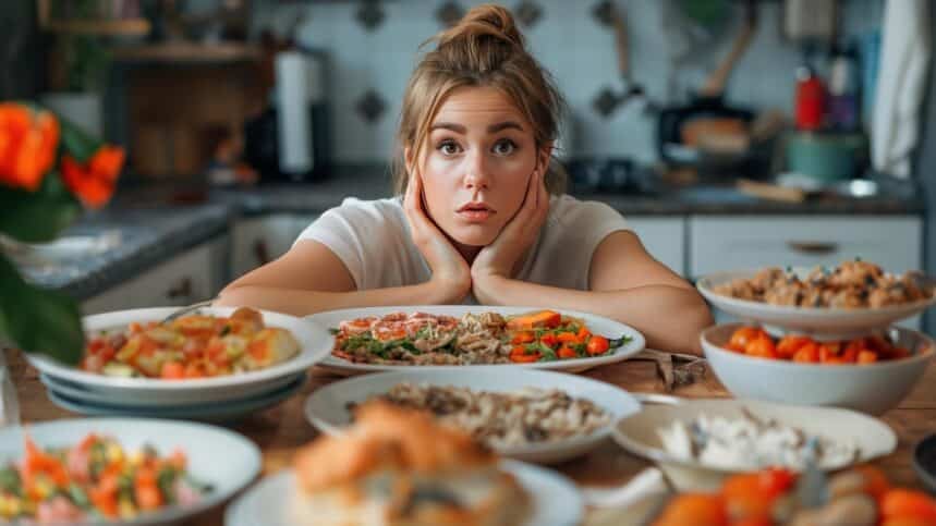 Woman staring at food and wondering. awaywego22 via 123rf