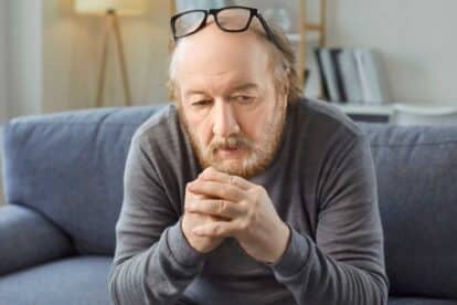 Sad thoughtful bored older man alone looking feeling depressed, frustrated, lonely, suffering form memory loss, dementia, Alzheimer disease, mental disorder, having old age problem, missing family