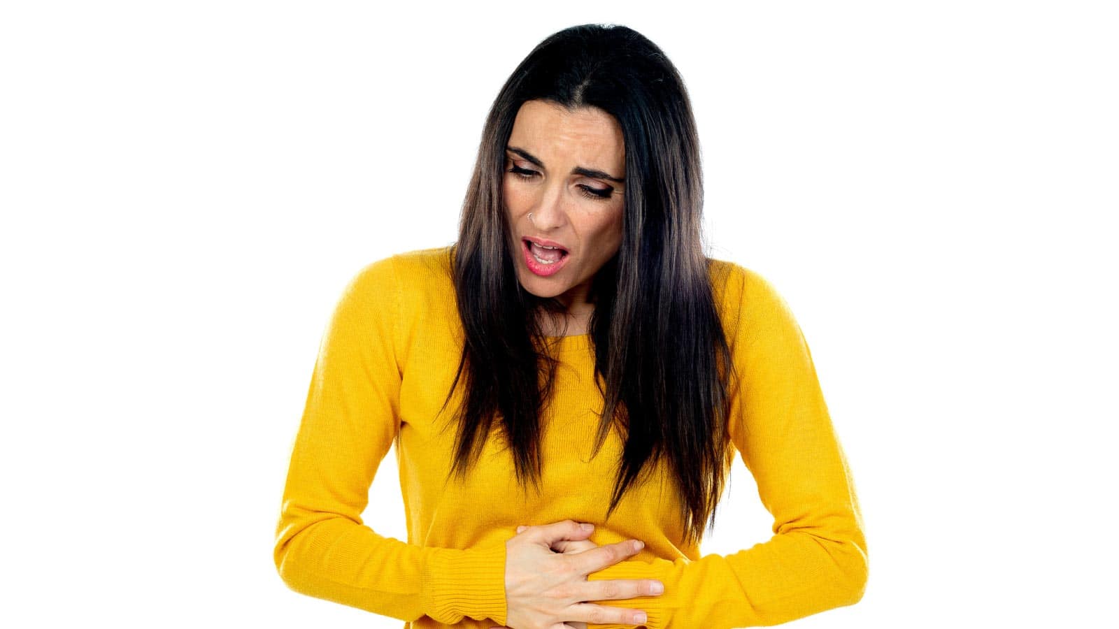 woman and gut pain. Holding stomach. gelpi via 123rf