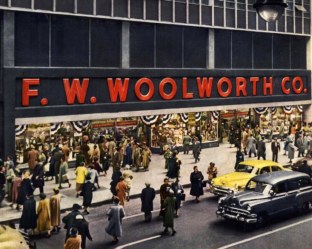 This file is licensed under the Creative Commons Attribution 2.0 Generic license. This store (F W Woolworth Co) in NYC opened on October 18, 1954. Image cropped from the cover of the Woolworth 1954 annual report.