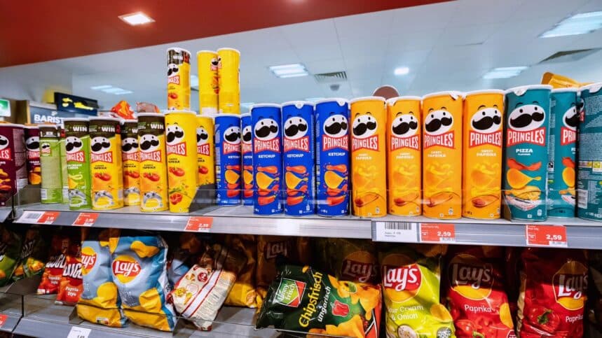 Pringles potato chips at the shelf of supermarket.