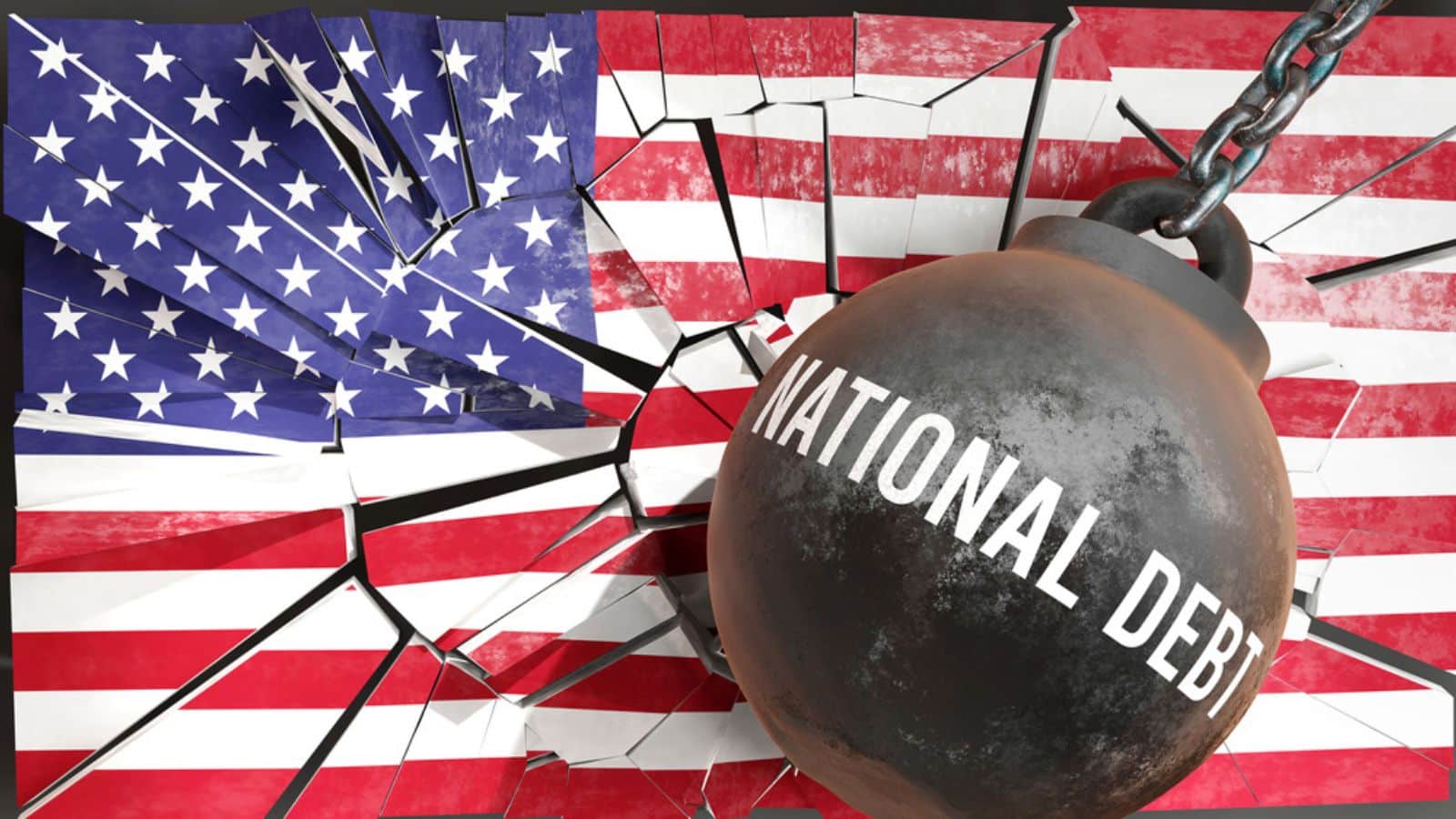 A ball with 'NATIONAL DEBT' written on it smashing the American Flag