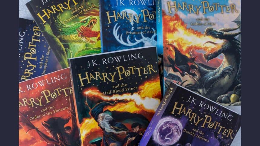 A stack of books about Harry Potter by writer JK Rowling.