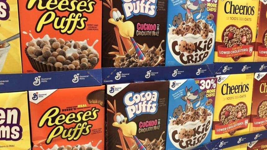 General Mills brand breakfast cereal display including Cheerios, Cookie Crisp, Coca Puff and Reese's Puffs