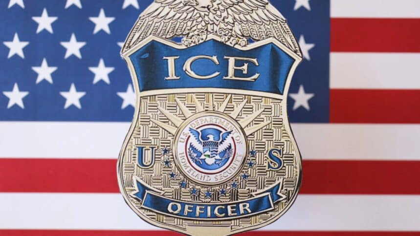 US ICE Badge on an American Flag