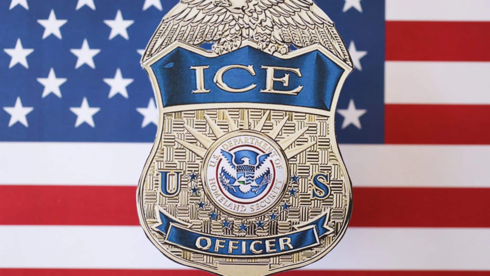 US ICE Badge on an American Flag