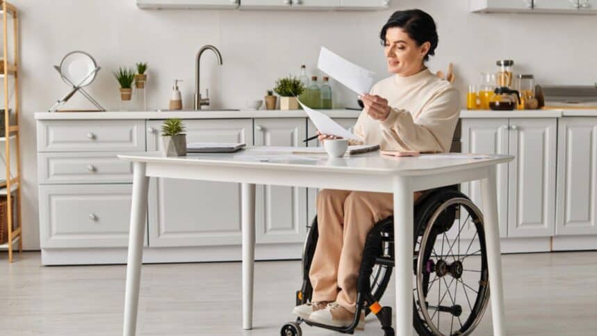 A woman in a wheelchair sits in her kitchen